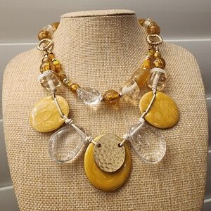 Chico's Chunky Beaded Statement Necklace Mixed Beads Yellow Enamel Stone Acrylic